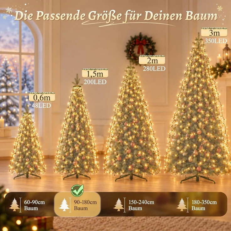 SALCAR 1,5m Weihnachtsbaum Lichterkette mit Ring und 8 Girlanden, 200er LED – Bild 6