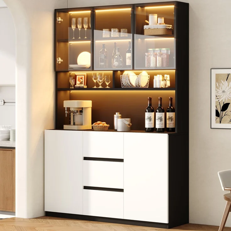 ZUBALIYA Vitrine mit LED-Beleuchtung, 120 x 200 cm, moderne Wohnzimmervitrine mit grauen Glastüren, offenen Einlegeböden, 2 Türen und 3 Schubladen, aus mitteldichter Faserplatte (MDF), in Schwarz-Weiß – Bild 1
