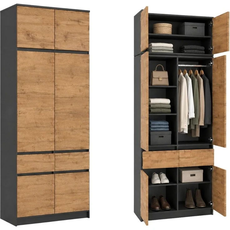 Home Collective Kleiderschrank Schrank Schlafzimmer Garderobenschrank Mehrzweckschrank Hochschrank (100 cm breit, mit 2 Schubladen, Kleiderstange & Einlegeböden) Wäscheschrank, vielseitig, grifflose Front mit Aufsatz Anthrazit-Eiche – Bild 1