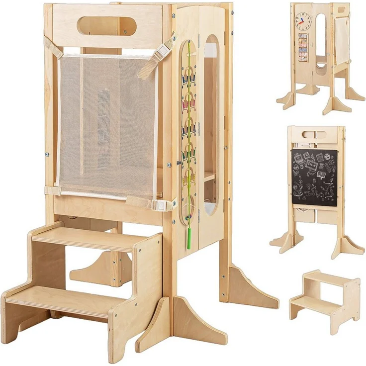 COSTWAY Tritthocker, 4 in 1 Lernturm klappbar mit 2-Stufen Hocker, Tafel – Bild 5