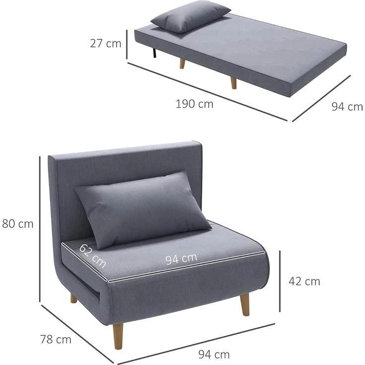 HOMCOM Relaxsessel mit Bettfunktion, verstellbare Rückenlehne, Leinenimitat, Tannenholz, Grau, 94 x 78 x 80 cm – Bild 3