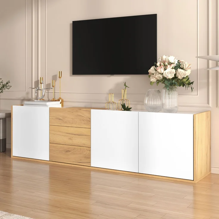 TV-Schrank 171 cm Weiß Holzoptik mit 3 Türen & 3 Schubladen, Lowboard mit verstellbaren Regalen – Bild 5