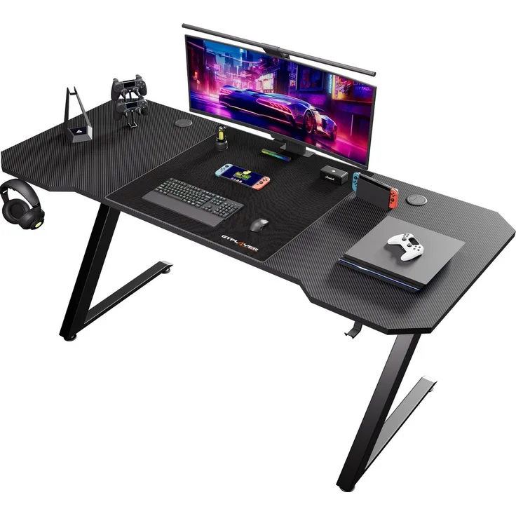 GTPLAYER Schreibtisch Gaming Tisch Schreibtisch mit Mauspad PC Tisch Kohlefaseroberfläche, Stabiler Computertisch mit Kopfhörerhaken, Schwarz