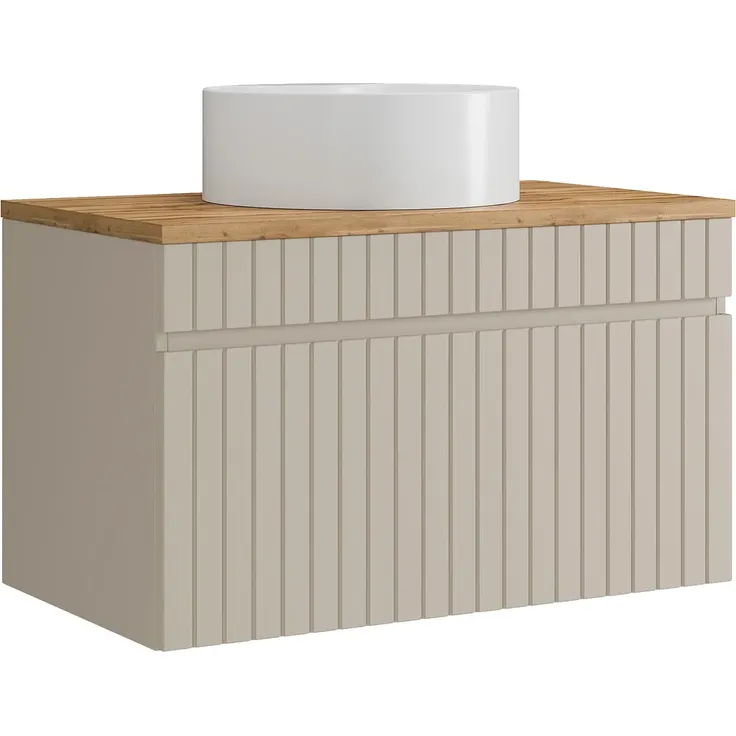 Vente-unique - Hängender Waschbeckenunterschrank - Geriffelt - Beige - mit Aufsatzwaschbecken rund - 80 cm - SATARA