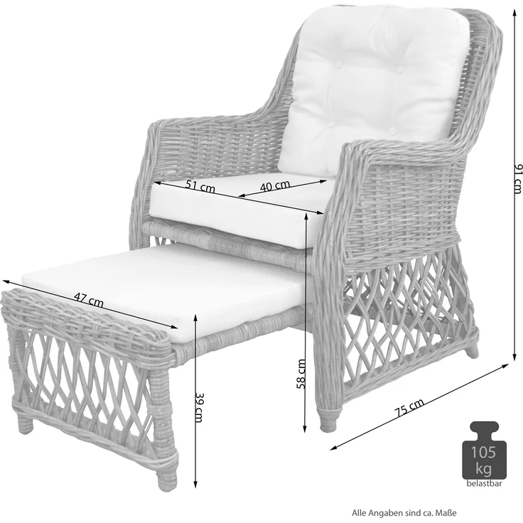 Rattansessel, Relaxsessel mit ausziehbarem Fußteil, handgeflochten, weiß – Bild 5