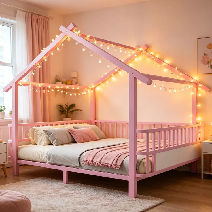 ZUBALIYA Kinderbett 140 × 200 cm, Metall, Schutzgitter, Rosa – Bild 3