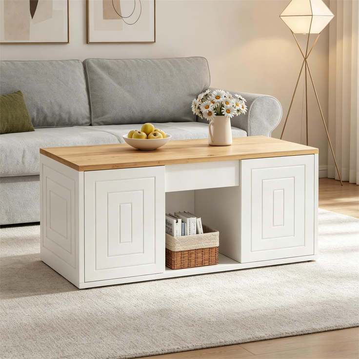 Couchtisch 46 x 95 x 45 cm, mit Höhenverstellung, in Holzoptik, Konstruktion aus Spanplatte, Weiß / Naturfarben – Bild 16