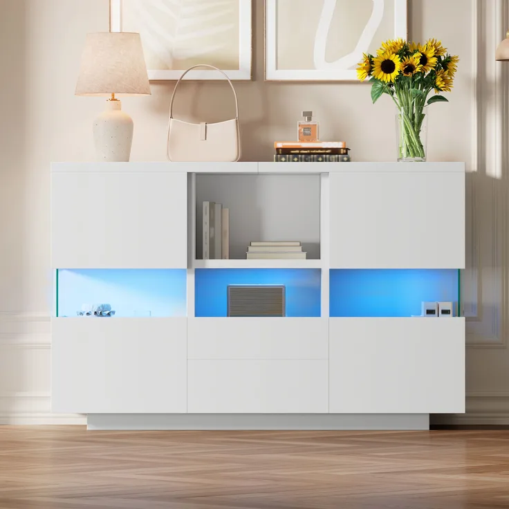 Wohnzimmerschrank aus Holzwerkstoff mit Glasvitrine & LED, 140x35x75 cm, Weiß