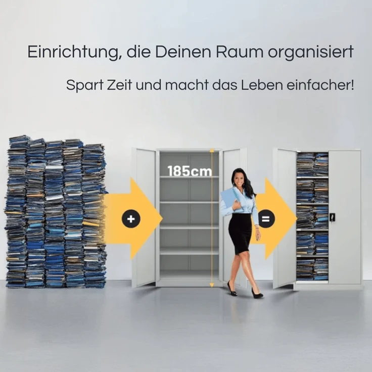 Aktenschrank abschließbar KADO - 5 Ebenen verstellbar, Flügeltüren | Metallschrank Werkstatt Mehrzweckschrank Büroschrank aus Stahl Werkzeugschrank, 185x90x40cm Grau – Bild 3