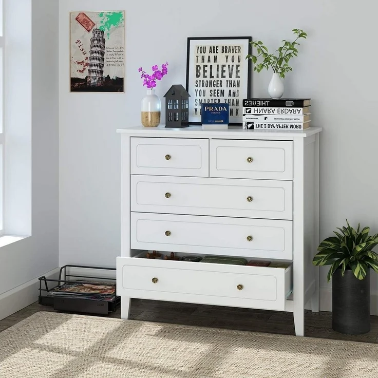 Homfa Kommode, Sideboard mit 5 Schubladen, Metallgriffe, weiß, 80x40x80cm – Bild 3