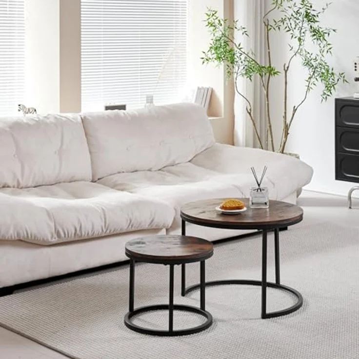 GrandCA HOME Couchtisch 2er Set,Stapelbarer Couchtisch, Couchtische Rund, MDF-Tischplatte, Schwarze Tischbeine aus Edelstahl，Geeignet für Wohnzimmer, Esszimmer（Ø60x45H cm，Ø40x35H cm，Dunkle Eiche） – Bild 4