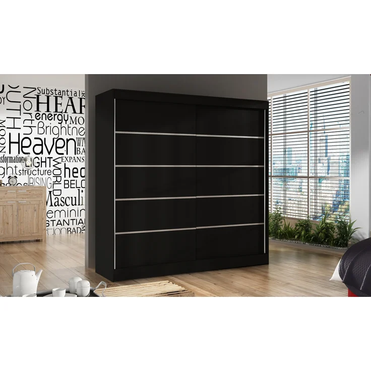 Kleiderschrank Basti IV 200 cm - Schwebetürenschrank mit Kleiderstange und Einlegeboden, Schlafzimmerschrank mit 2 Türen, Schiebetüren, 200x215x58 cm (Schwarz) – Bild 2