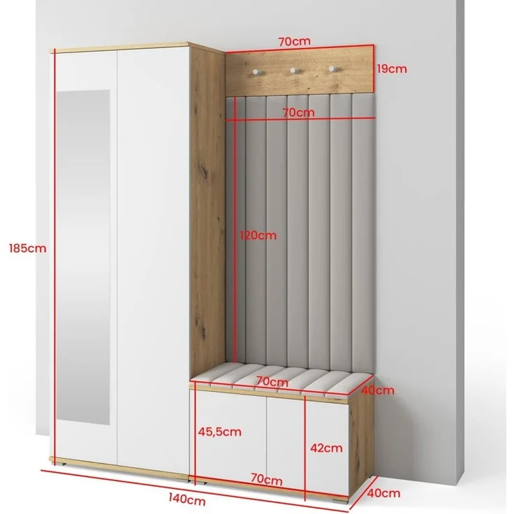 Garderoben-Set Aura Version 7: Kleiderschrank mit Polsterpaneelen, Schuhschrank Flur und Eingangsbereich (weiß/Artisan-Eiche /Trinity 16), 185 x 40 x 140 cm – Bild 2