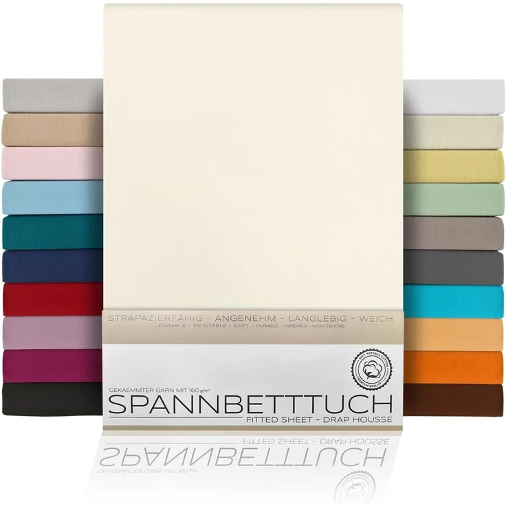Beautex Spannbettlaken, Gummizug: rundum, (1 Stück), gekämmte Baumwolle Premium Jersey, 160g/m², Elfenbein, Standard - 100x200x30 cm