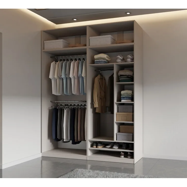 Marmex Möbel Tres Set-A/N Offener Modulschrank, Schrankset mit Aufsätzen, Ankleidezimmer Möbel, für Kleidung und Schuhe, laminierte Spanplatte, graubeige cashmere 190x246x51 cm