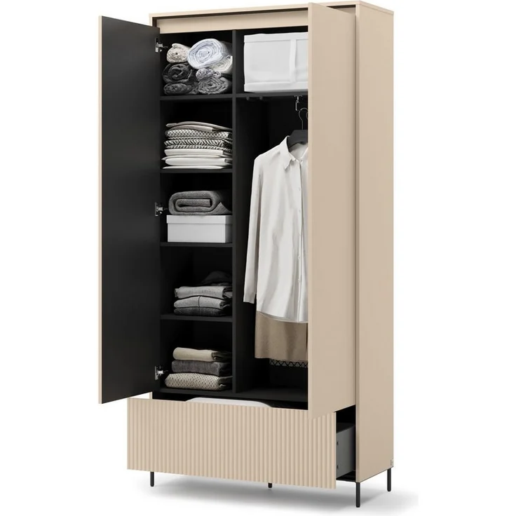 Compleo Kleiderschrank mit Schublade,2 Türen, Modern Schrank mit Lamellen BEIGE – Bild 2