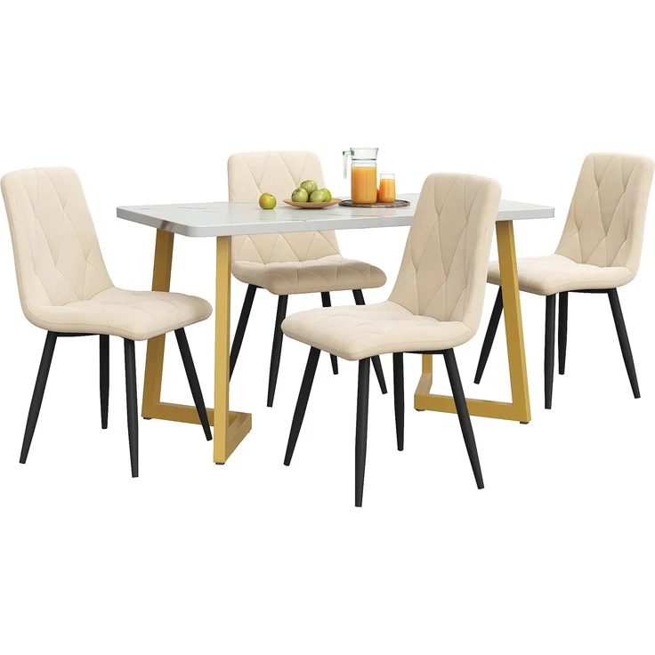 Essgruppe 5-teilig mit Marmoroptik Tisch 117×68 cm & 4 Beige Leinenstühlen,Esszimmer-Set für Küche und Wohnzimmer – Bild 2