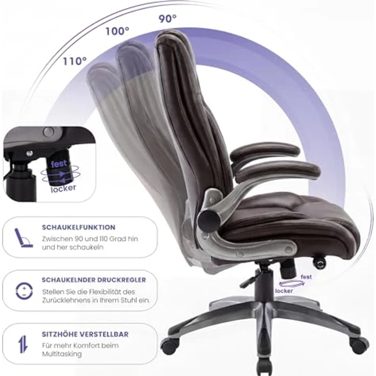 MALOL Ergonomischer Bürostuhl, Schreibtischstuhl aus Kunstleder mit elegantem Design, aufblasbarer Lendenstütze, Federkern-Sitzkissen, klappbaren Armlehnen, für Büro & Homeoffice, Braun – Bild 7