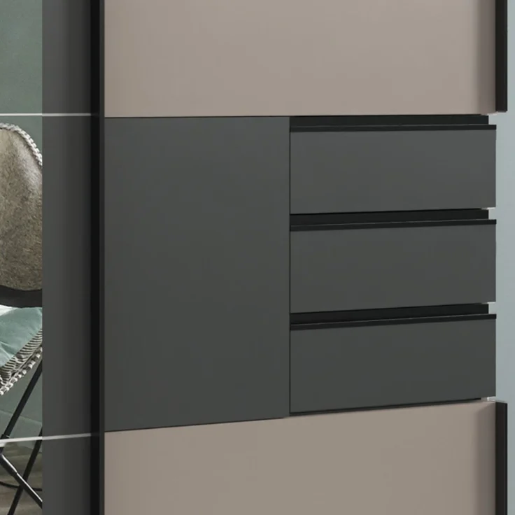 Schwebetürenschrank Kleiderschrank 270 cm 3-türig Schubladen Spiegel Sand Grau Grafit – Bild 4