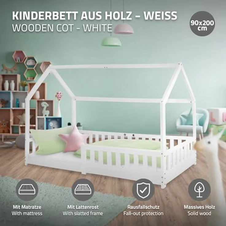 ML-DESIGN Kinderbett Hausbett mit Rausfallschutz, Dach und Lattenrost Massivholz, Bett 90x200 cm Weiß mit Matratze 10cm für Mädchen Jungen Holzbett – Bild 4