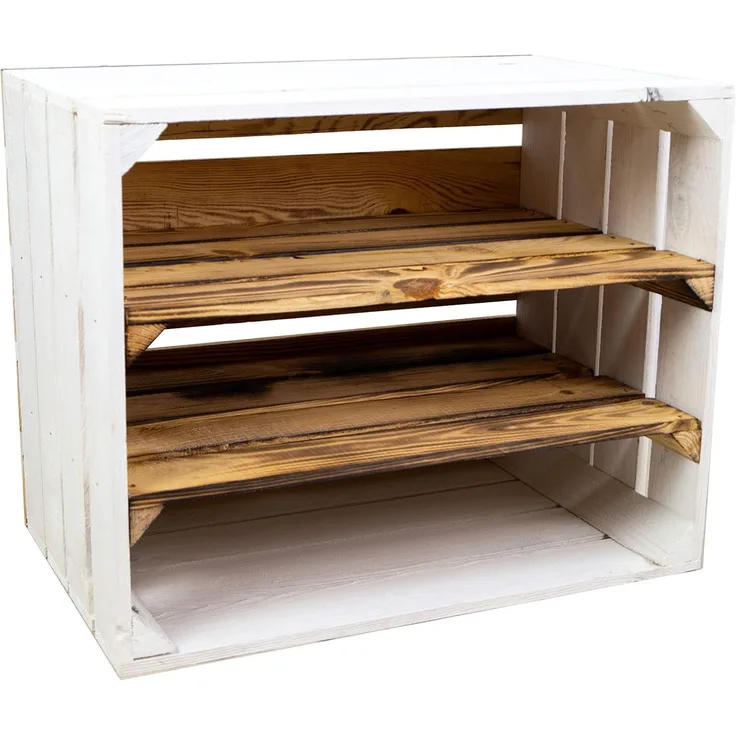 Weisse/geflammte Bücherregal - Schuhregalkiste mit Zwischenbrett/Mittelbrett Einlage ca 50 x 40 x 30 cm / Apfelkisten Weinkisten Holzkisten aus dem Alten Land (Paula doppelt geflammt Längs)