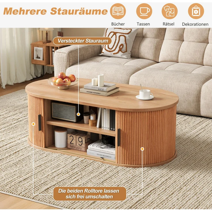 Couchtisch 100 x 50 x 33 cm, mit ovaler Tischplatte, mit verdeckt liegendem Stauraum, aus MDF und Spanplatte, Naturfarben – Bild 8