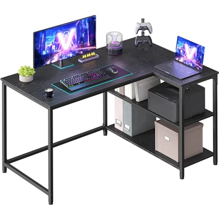 VASAGLE Eckschreibtisch in L-Form, Computertisch mit Stauraum, Bürotisch, höhenverstellbare Ablage, für Homeoffice, 110 x 80 cm, ebenholzschwarz LWD135BE01 – Bild 2