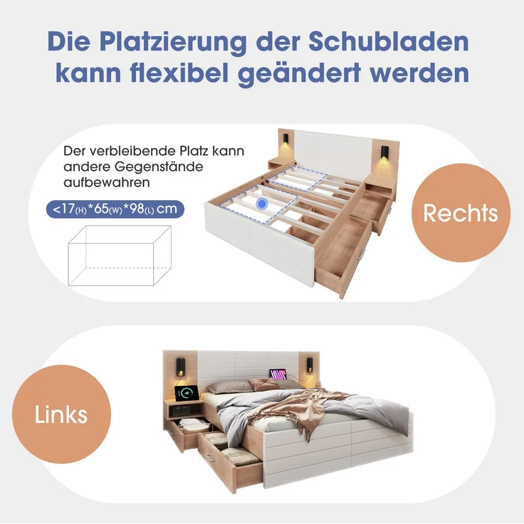 Doppelbett Holzbett Bettanlage mit 2 Schubladen, Kopfteil Leselicht mit USB Ladefunktion, Modernes Bett inkl. 2 Nachtkommode, Bettgestell & Lattenrost, Set in Eiche/Weiß, Ohne Matratze, 180×200 cm – Bild 6