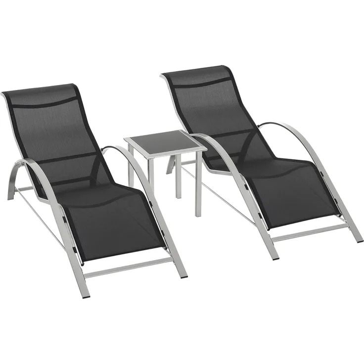 Outsunny Gartenliege Gartentischset Metall Mesh Silber 2 x Sessel 1 x Tisch, Liege, 3 St, Gartenliege, Dauerhaft und Atmungsaktiv