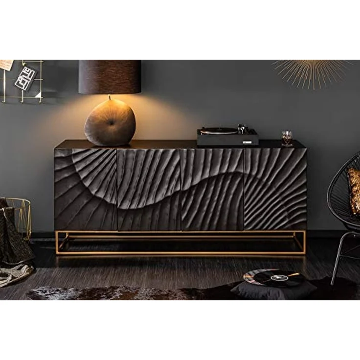riess-ambiente Sideboard SCORPION 180cm schwarz / gold · Anrichte aus Mango-Massivholz, Metall-Gestell · Kommode mit 4 Fächern · 3D Schnitzereien · Wohnzimmer – Bild 4