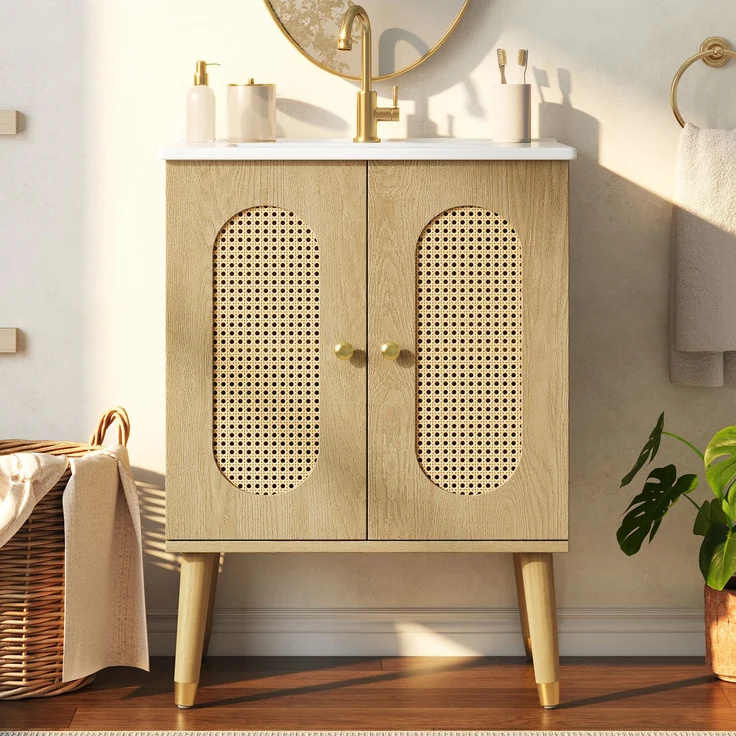 Waschtischunterschrank mit Keramikwaschbecken, B 61 x T 47 x H 89 cm, MDF in Holzoptik und Rattan-Türen – Bild 2