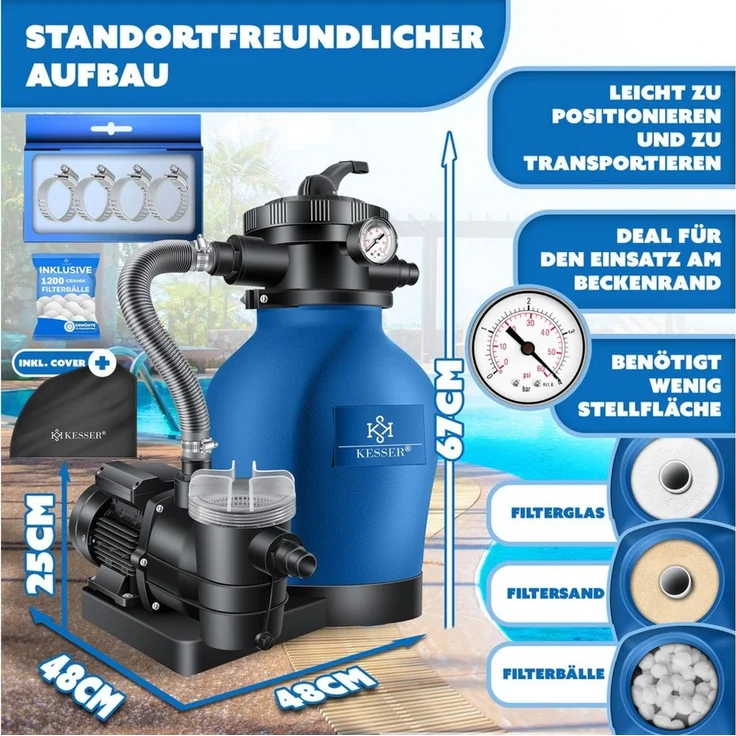 KESSER Sandfilteranlage 600W Sandfilter für Pools 13200L/h Durchfluss Poolfilter 7-Wege Ventil (Filteranlage mit Pumpe, 1200g Filterbälle Druckmanometer, Abdeckung), Tankvolumen für bis 30kg Sand Professionelle Poolwasserfilterung – Bild 2
