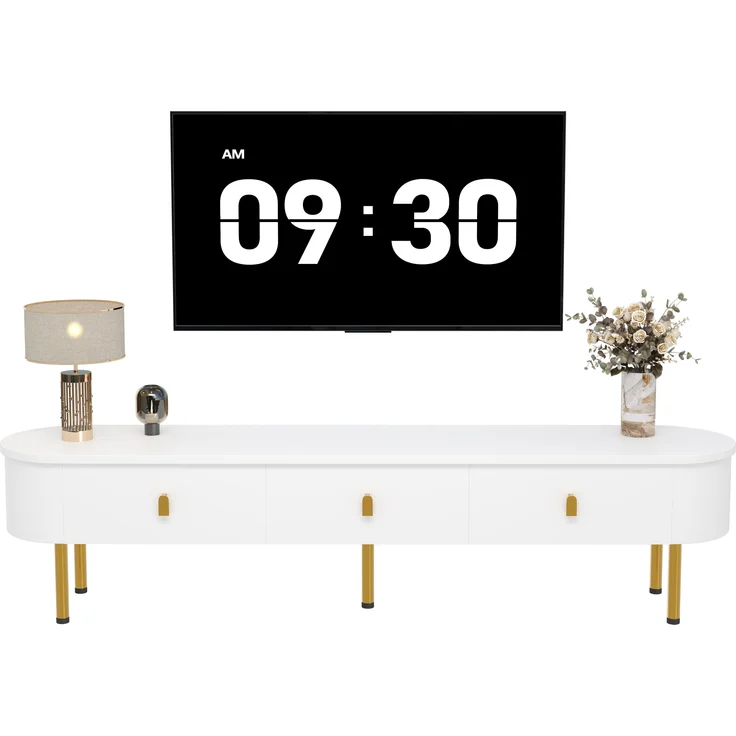 Moderner TV-Schrank 174 cm mit goldenen Griffen, geschwungenen Kanten und hochwertiger Lackoberfläche in Weiß, 174 x 35 x 41 cm – Bild 10
