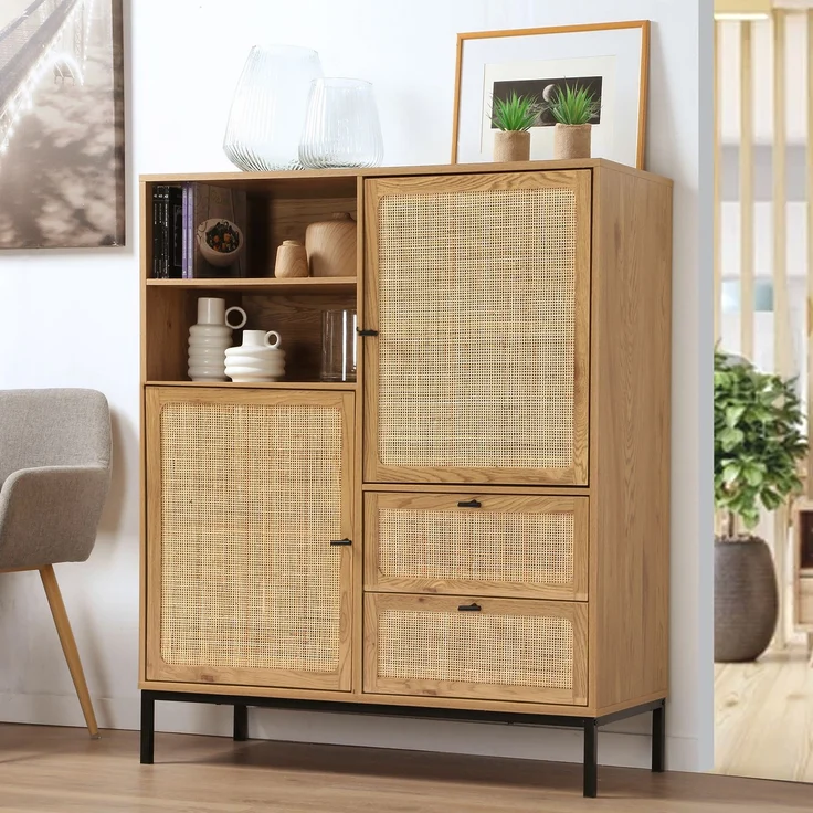 Casâme 'JAYA' Hohe Buffetschrank mit Rattanfronten - L100 x H120 cm - Helles Holz – Bild 2