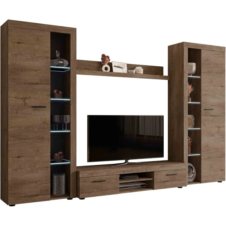 Wohnwand Rango XL (Farbe: Lefkas Eiche, mit LED Beleuchtung)