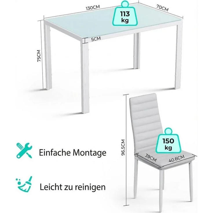 Blishom Essgruppe 7-tlg. Essgruppe aus Glas-Esstisch und 6 Kunstleder-Esszimmerstühle, Esszimmer Set 7-tlg. Glas Tisch 130 cm, Leicht zu reinigen – Bild 2