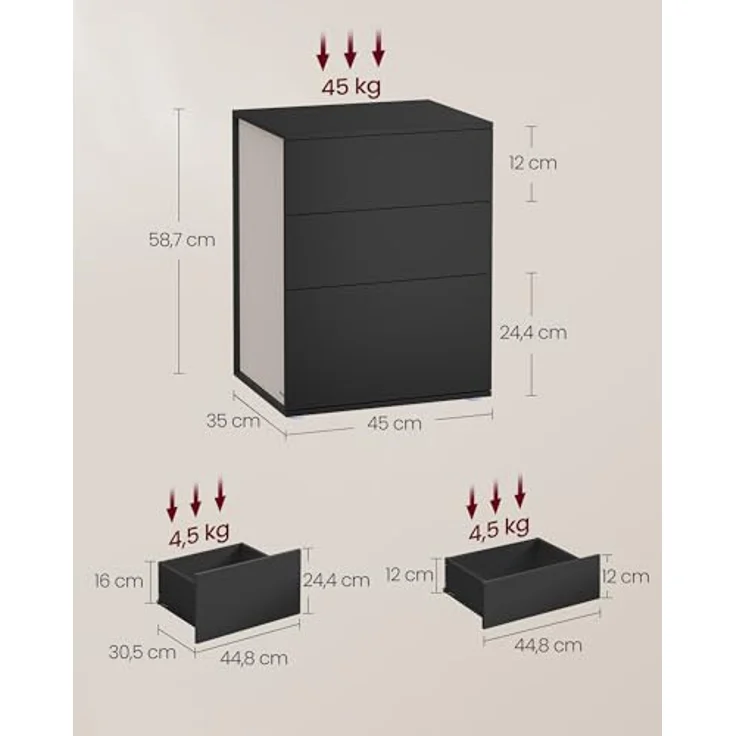 VASAGLE Nachttisch, 2er Set, Beistelltisch 3 Schubladen, Superschnelle werkzeuglose Montage, Nachtschrank, Schlafzimmer, Wohnzimmer, Toolless-Technologie, tintenschwarz-cappuccinobeige LET779B01 – Bild 3