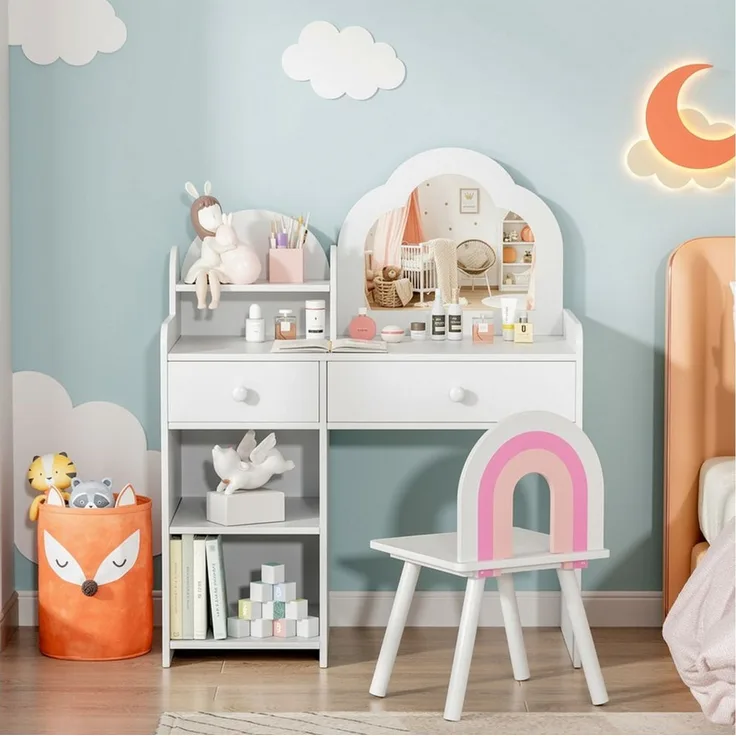 TLGREEN Schminktisch, Kinder Schminktisch mit Spiegel und Stuhl (Mädchen Schreibtisch & Maltisch mit 2 Schubladen, Prinzessin Frisiertisch aus Holz), 73.5x40x90.5cm, Sicher & Stabil