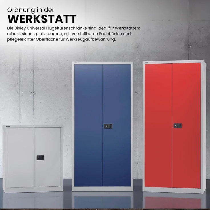 BISLEY Universal Flügeltürenschrank abschließbar - Stahlschrank mit 3-Punkt-Schloss & Flügeltüren - Aktenschrank aus Metall mit 4 Fachböden für 5 Ordnerhöhen - Farbe: lichtgrau, E782B84S-645 – Bild 9
