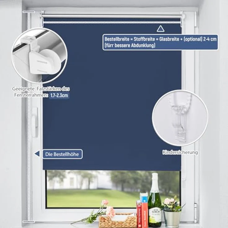 Verdunkelungsrollo ohne Bohren Klemmfix Dunkelblau B105 x H160 cm Klemmrollos für Fenster Fensterrollo innen Sichtschutz – Bild 5