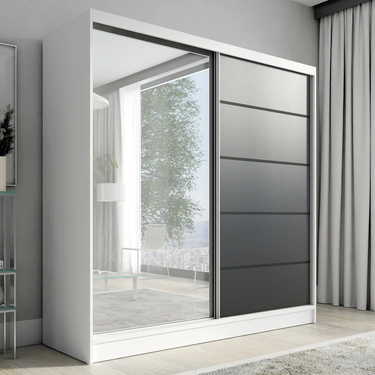 A&J MöbelLand Schwebetürenschrank NERO 2 200 cm mit Spiegel drei Schubladen – Bild 1