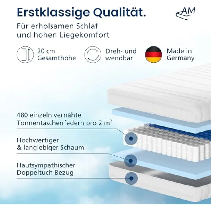 Taschenfederkernmatratze 7-Zonen Federkernmatratze, Orthopädische Matratze, Made in Germany, AM Qualitätsmatratzen, 20 cm hoch, 80x200 cm – Bild 4