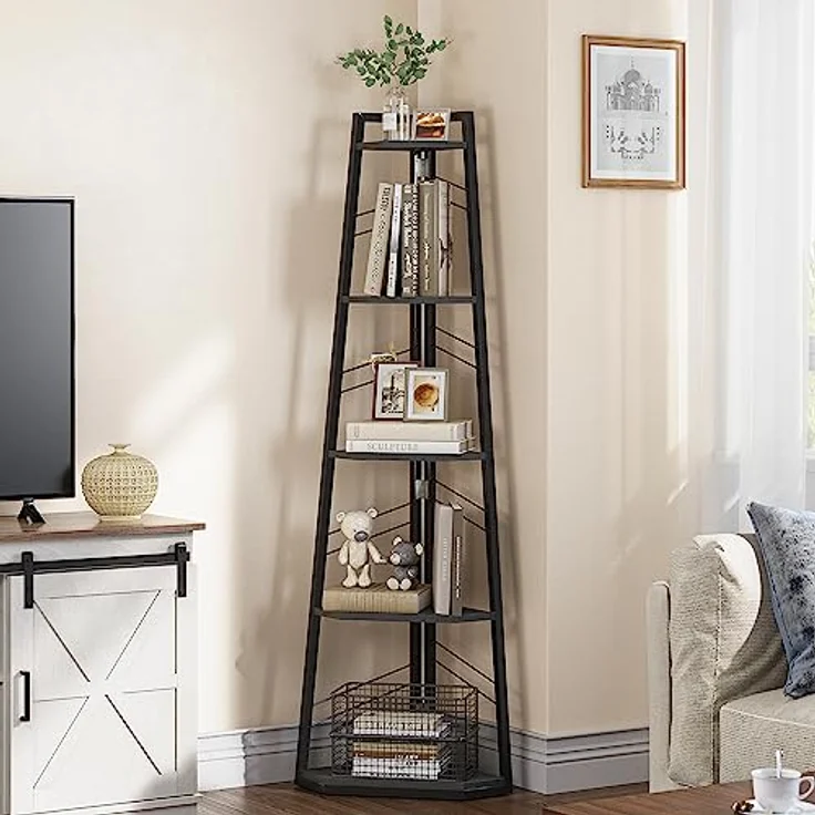YITAHOME 5-Stöckiges Eck-Bücherregal - Industrielles, Modernes Freistehendes Leiter-Regal - Offenes Holzregal für Wohnzimmer, Diele, Home Office, Schwarz – Bild 2