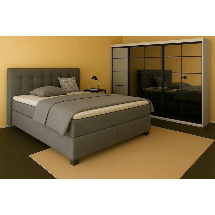 Boxspringbett TOM 120x 200 cm mit Matratze und gepolstertem Kopfteil. Farbe Dunkelgrau