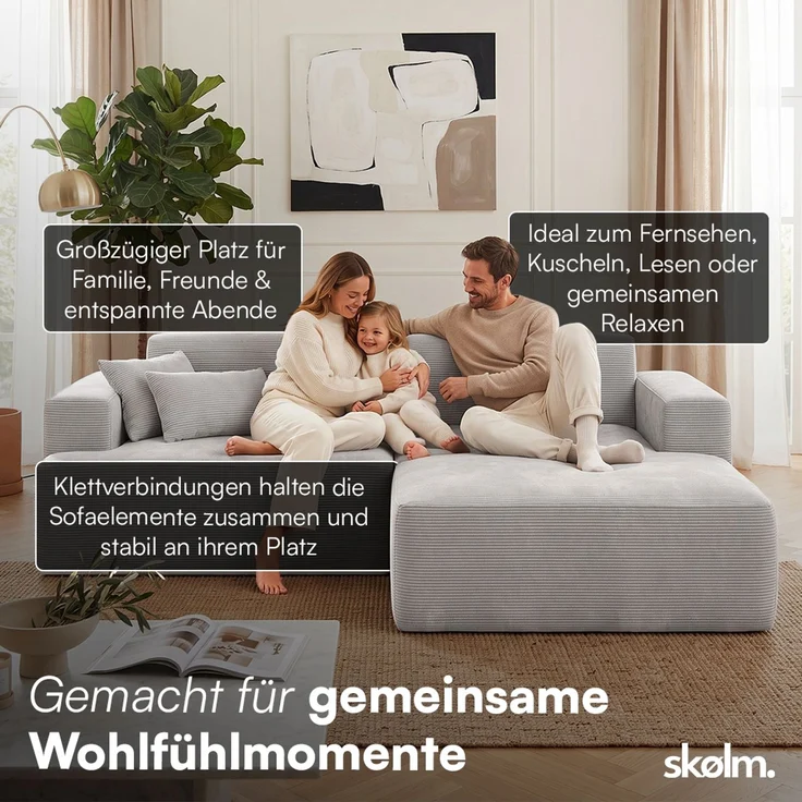 skølm 'Freki' Cloud Sofa 2 Sitzer mit Hocker, Vollschaumcouch mit Federkern und Vakuum-Kompression, kein Aufbau erforderlich, mit 2 Kissen, Cord grau – Bild 4