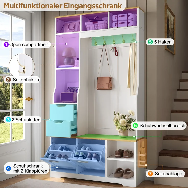 Kompaktgarderobe 100x32x186 cm in Weiß mit Sitzbank, Schuhfächern und App-LED – Bild 9