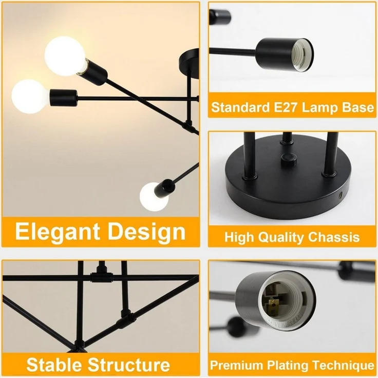 Ophy Kronleuchter Sputnik Kronleuchter, 6‑flammig, Vintage Deckenlampe aus Metall (E27), ohne Leuchtmittel, halbbündige Deckenbeleuchtung, für Esszimmer, Schlafzimmer & Wohnzimmer – Bild 3