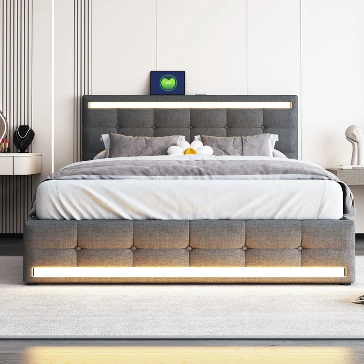 Polsterbett 140x200 cm LED Beleuchtung mit USB & Stauraum, modernes Doppelbett mit Leinenstoff Grau – Bild 2