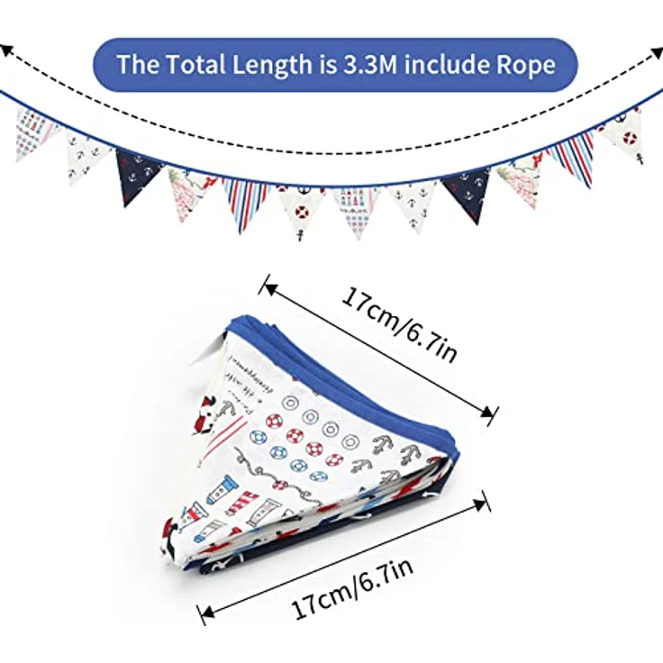 G2PLUS Stoff Wimpel Girlande Doppelseitig, 3. 3M Bunte Wimpelkette Stoffgirlande mit 12stk Girlande Wimpeln für Kinderzimmer Drinnen & Draußen Party-Blau und Weiß – Bild 3