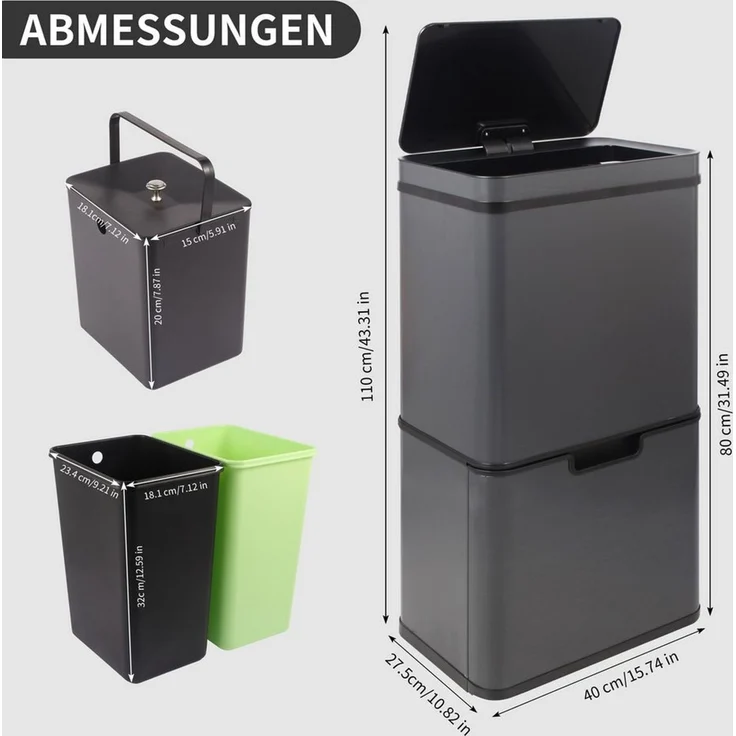 Ribelli Mülltrennsystem Sensor Mülleimer, 4 Fächer, Mülleimer Küche, 70L, Grau, Abfalleimer mit Sensor – Bild 1